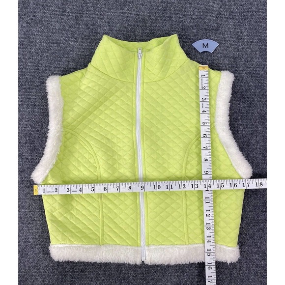 Women’s Size M Quilted Vest Neon Lime Green Faux Fur Trim Transitional Lux L A - Picture 10 of 10